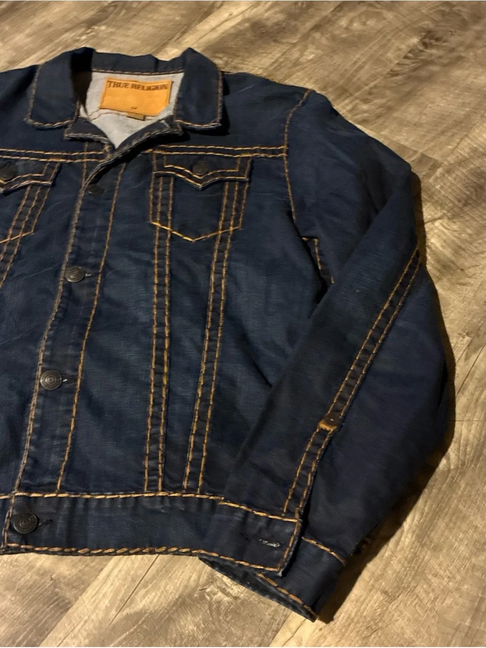 True Religion Men’s Denim Trucker Jacket XXL Big T Thick Stitch Blue Button Up